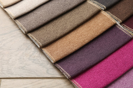 Samples of different fabrics on wooden table, closeup