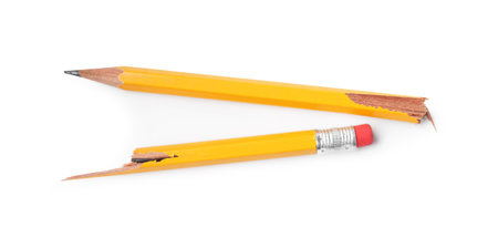 One broken graphite pencil on white background, top viewの写真素材