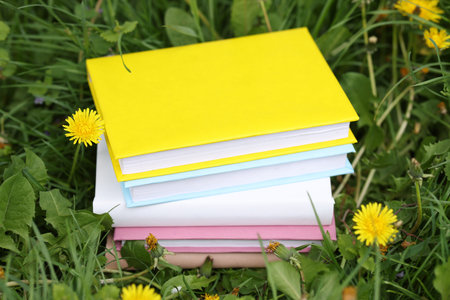 Stacked books on green grass outdoors, closeup