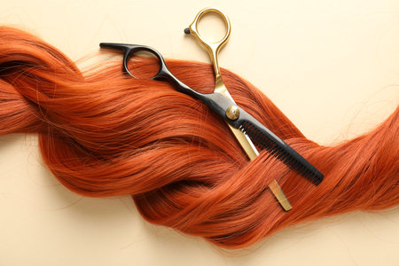 Hair lock and scissors on beige background, top viewの写真素材