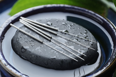 Acupuncture needles, wet spa stone and leaves on blue tray, closeupの写真素材