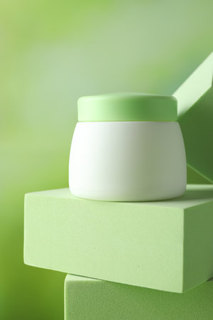 Stylish presentation of body cream in jar on blurred background, closeupの写真素材