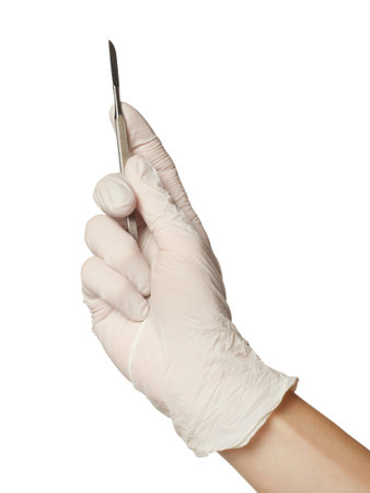 Doctor in medical glove holding lancet on white background, closeupの写真素材