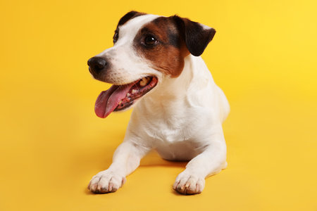 Cute Jack Russell Terrier dog on yellow backgroundの写真素材