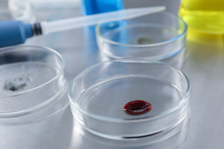 Petri dishes with samples on metal table, closeupの写真素材