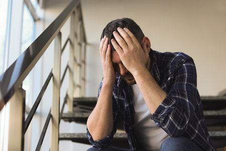 Depressed man sitting on stairs in buildingの写真素材