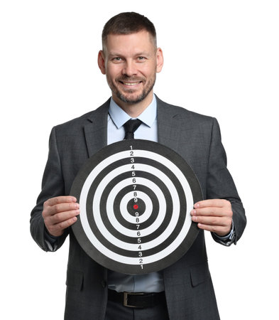 Targeting. Man with dart board on white backgroundの写真素材