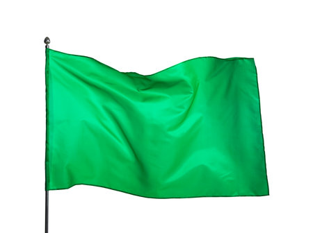 One green flag on white background. Mockup for designの写真素材