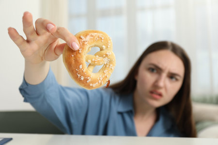 Shocked young woman holding pretzel with cockroach at white table indoors, selective focus. Pest problemの写真素材