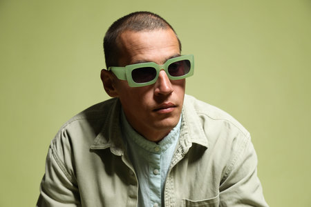 Fashionable portrait of handsome man in stylish outfit on green background
