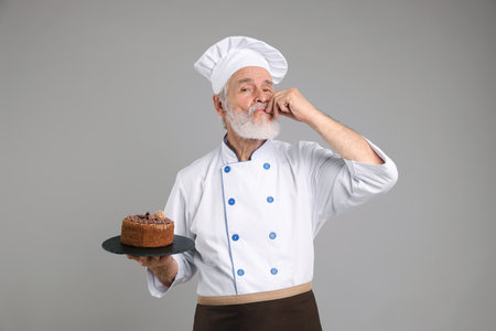 Professional pastry chef with delicious chocolate cake on grey backgroundの写真素材