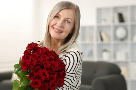Smiling woman with bouquet of roses at homeの写真素材