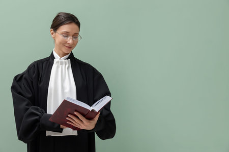 Judge with book on light green background, space for textの写真素材