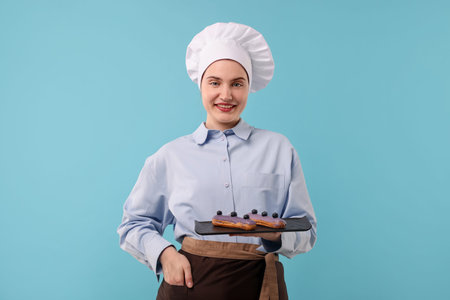 Confectioner with delicious eclairs on light blue background