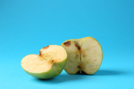 Halves of damaged apple on light blue background. Space for textの写真素材