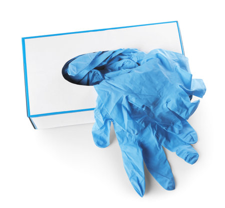 Box with medical gloves isolated on white, above viewの写真素材