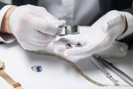 Appraiser with loupe evaluating luxury earrings at white table, closeup