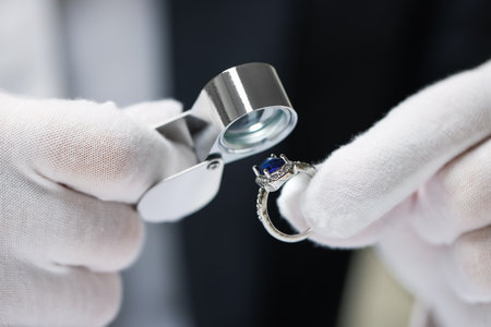 Appraiser with loupe evaluating luxury ring, closeupの写真素材