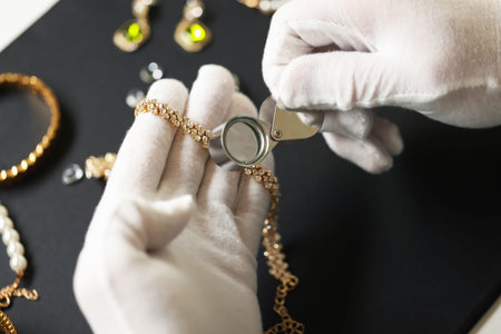Appraiser evaluating luxury jewelry at table indoors, above view