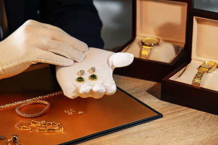 Appraiser working with luxury earrings at table, closeupの写真素材