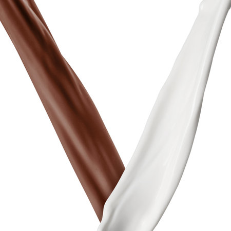 Chocolate and milk flows in air on white backgroundの写真素材