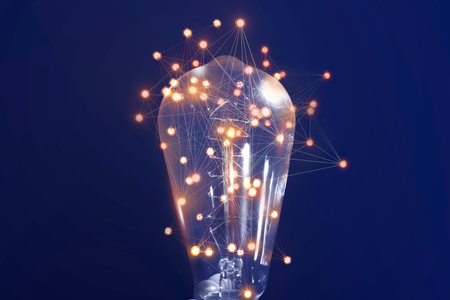 Light bulb with pattern of connected dots on blue gradient background. Idea, creativity, innovation