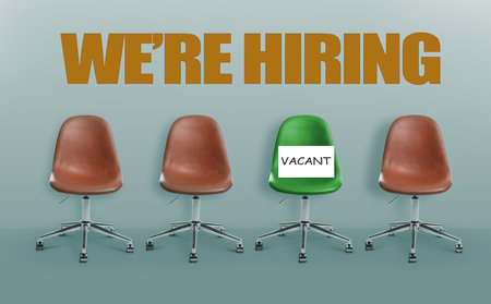 We Are Hiring. Green office chair with Vacant sign among brown ones on color background. Recruitment, human resources conceptの写真素材