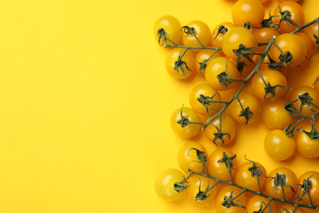 Ripe yellow cherry tomatoes on color background, flat lay. Space for textの写真素材