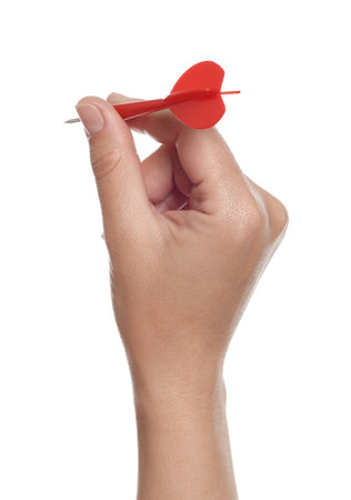 Targeting. Woman with dart on white background, closeupの写真素材