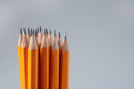 Pencils on grey background, closeup. Space for textの写真素材