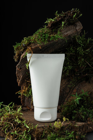 Jar of moisturizing body cream on tree bark with plants, closeupの写真素材