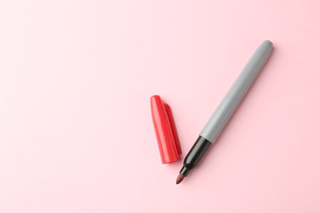 One red marker on light pink background, top view.の写真素材