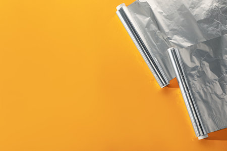 Rolls of aluminum foil on orange background, flat lay. Space for textの写真素材
