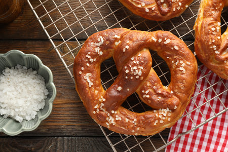 Tasty pretzels with salt on wooden table, flat lay