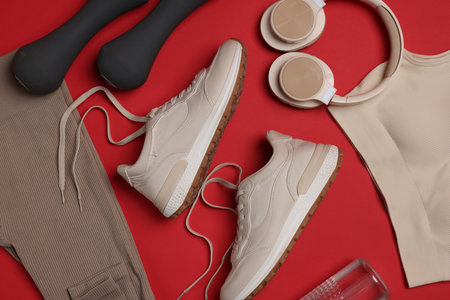 Sportswear, sneakers, dumbbells, headphones and water bottle on red background, flat layの写真素材