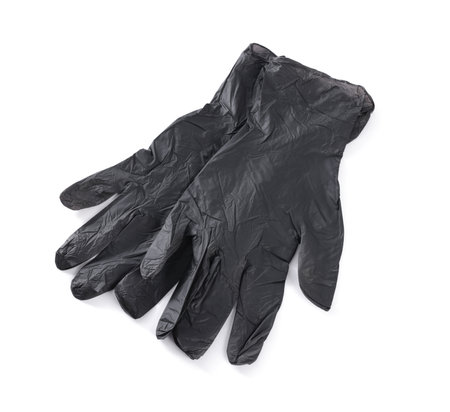 Black medical gloves isolated on white, top viewの写真素材