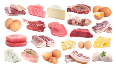 Meat, fish, eggs and cheese. Different fresh products on white background, collageの写真素材