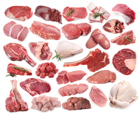 Fresh raw meat products on white background, collageの写真素材