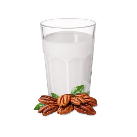 Nut milk in glass and pecans isolated on whiteの写真素材