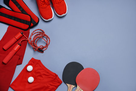 Flat lay composition with sportswear on grey background, space for textの写真素材