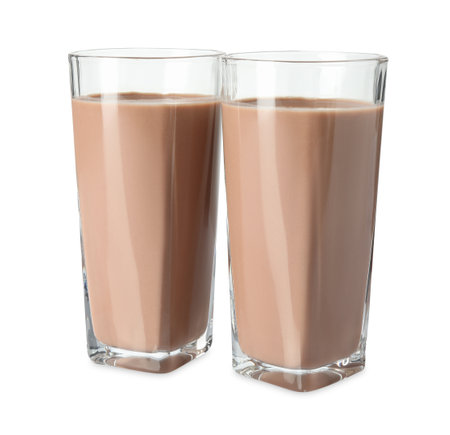 Tasty chocolate milk in glasses isolated on whiteの写真素材