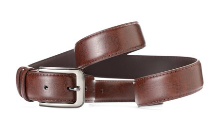One brown leather belt isolated on whiteの写真素材