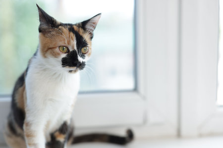 Cute calico kitten on windowsill at home, space for textの写真素材