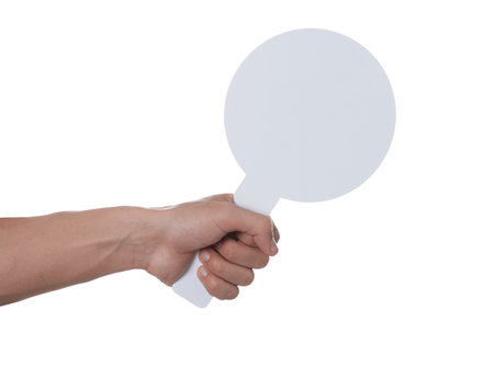 Man holding blank sign on white background, closeup. Mockup for designの写真素材