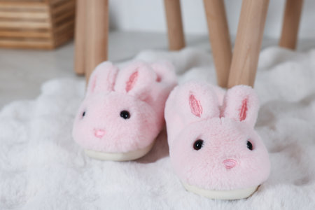 Cute kid slippers in shape of bunnies on floor indoorsの写真素材