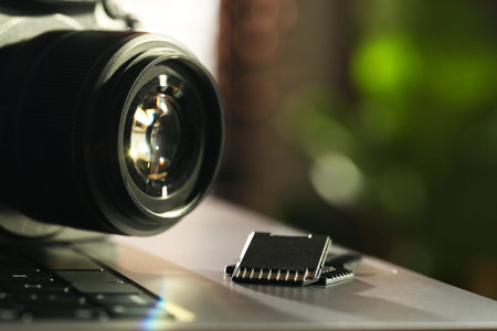 SD memory cards and photo camera on laptop, closeup