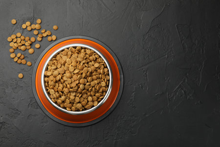 Dry pet food in feeding bowl on black textured background, top view. Space for text