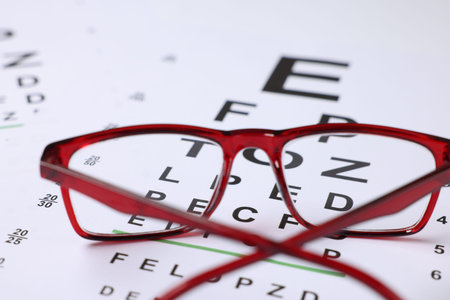 Glasses on vision test charts as background, closeup