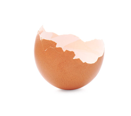 Piece of cracked eggshell isolated on whiteの写真素材