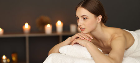 Beautiful woman relaxing on massage couch in spa salon. Space for textの写真素材